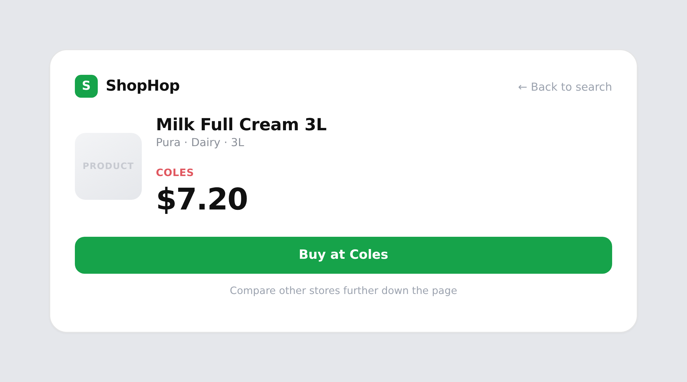 Before: product page showing a single Coles price and Buy button